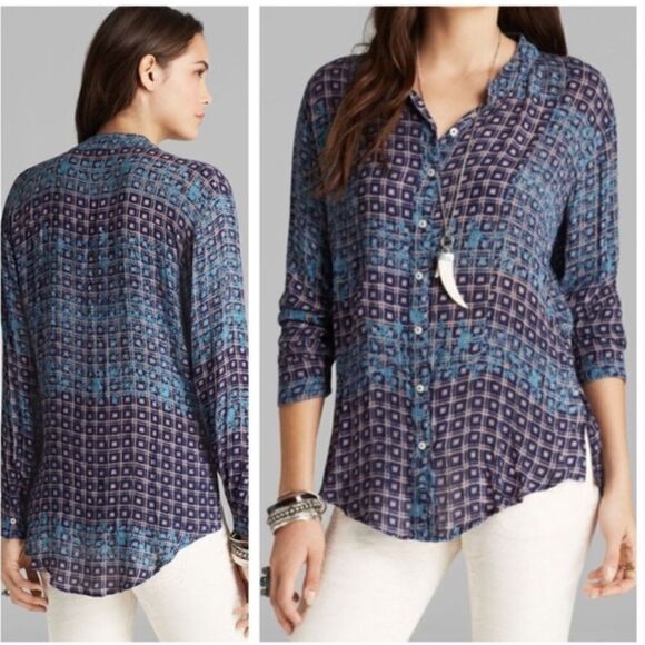 FREE PEOPLE Caravan Button Up Shirt tunic blue boho print sz small - Picture 1 of 12